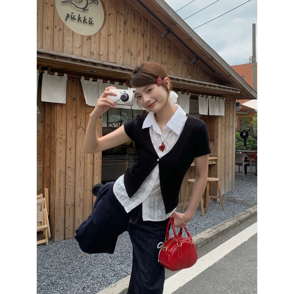 한 부서 페이크 레이어드 검정색 POLO 칼라 반팔 티셔츠 긍정적 인 어깨 스택 착용 핫걸 여름 새로운 다용도 맨위 셔츠 상세 이미지 2