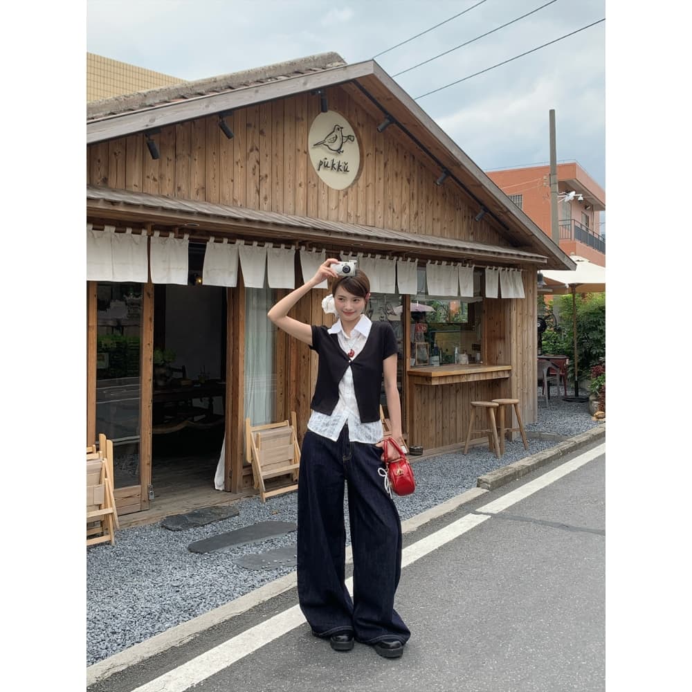 한 부서 페이크 레이어드 검정색 POLO 칼라 반팔 티셔츠 긍정적 인 어깨 스택 착용 핫걸 여름 새로운 다용도 맨위 셔츠 상세 이미지 8