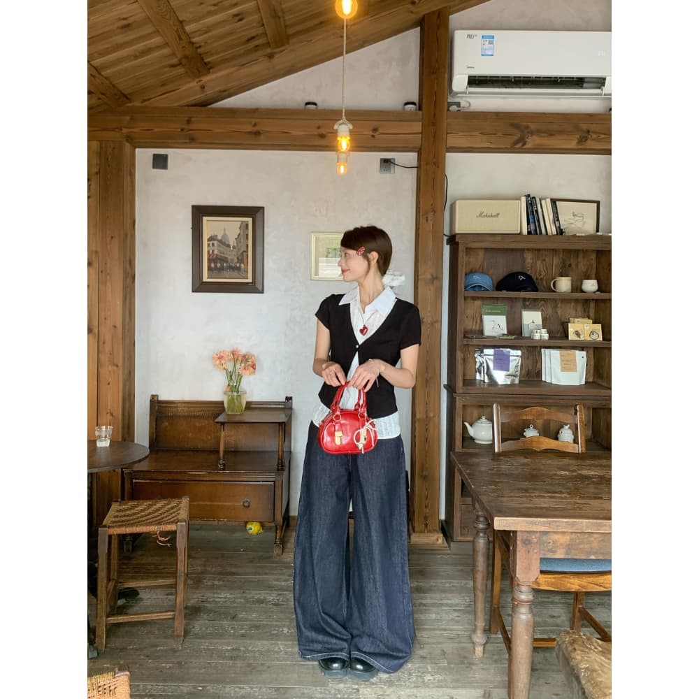한 부서 페이크 레이어드 검정색 POLO 칼라 반팔 티셔츠 긍정적 인 어깨 스택 착용 핫걸 여름 새로운 다용도 맨위 셔츠 상세 이미지 12