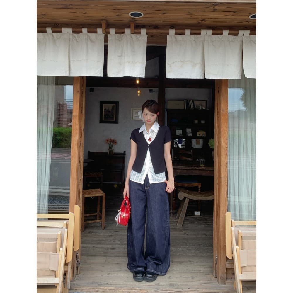 한 부서 페이크 레이어드 검정색 POLO 칼라 반팔 티셔츠 긍정적 인 어깨 스택 착용 핫걸 여름 새로운 다용도 맨위 셔츠 상세 이미지 15