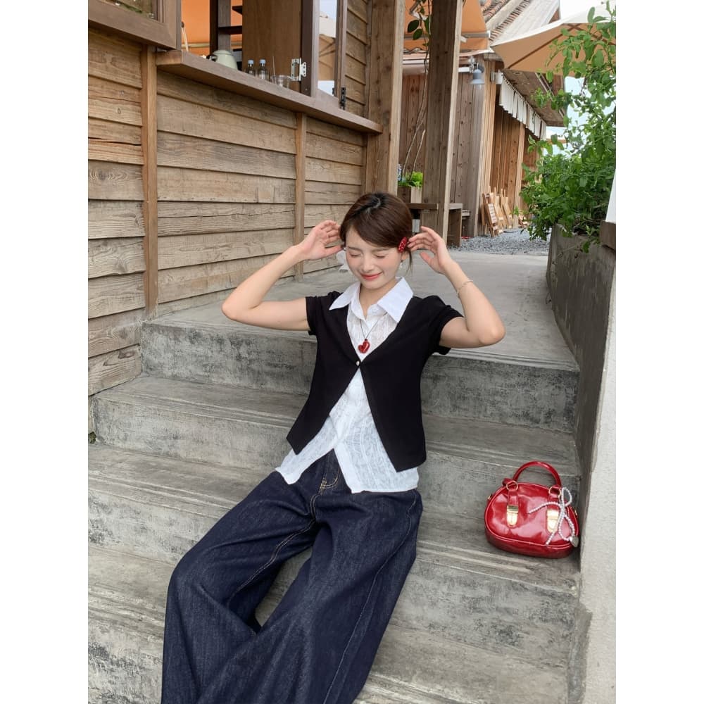 한 부서 페이크 레이어드 검정색 POLO 칼라 반팔 티셔츠 긍정적 인 어깨 스택 착용 핫걸 여름 새로운 다용도 맨위 셔츠 상세 이미지 19