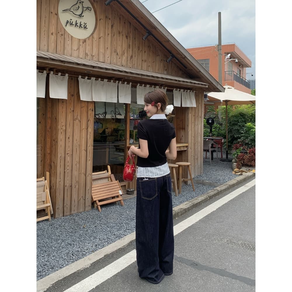한 부서 페이크 레이어드 검정색 POLO 칼라 반팔 티셔츠 긍정적 인 어깨 스택 착용 핫걸 여름 새로운 다용도 맨위 셔츠 상세 이미지 26