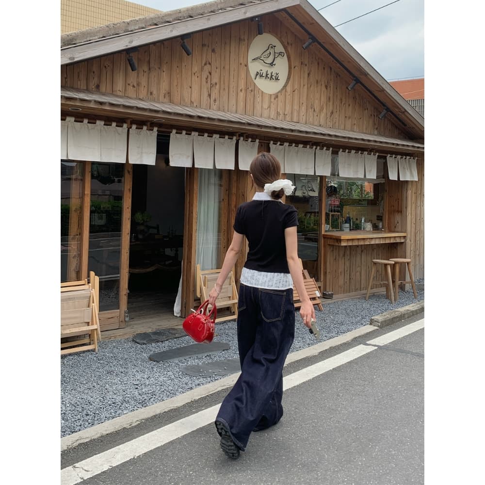 한 부서 페이크 레이어드 검정색 POLO 칼라 반팔 티셔츠 긍정적 인 어깨 스택 착용 핫걸 여름 새로운 다용도 맨위 셔츠 상세 이미지 27