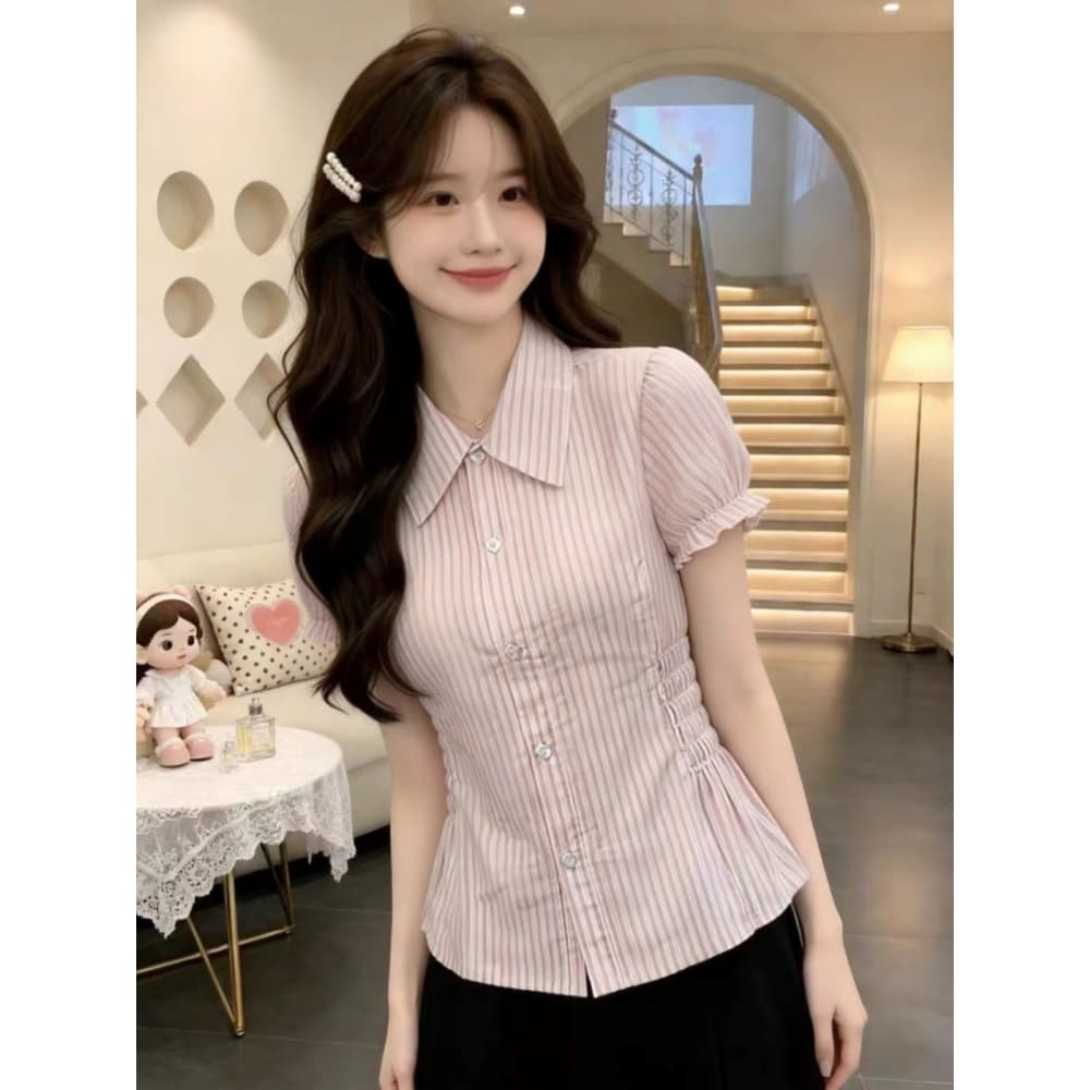 아메리칸 레트로 스트라이프 셔츠 반팔 여성 한 부서 학원 스타일 ins 트렌디 허리 수축 슬림해 보이는 짧은 맨위 여름 새로운 이미지 3
