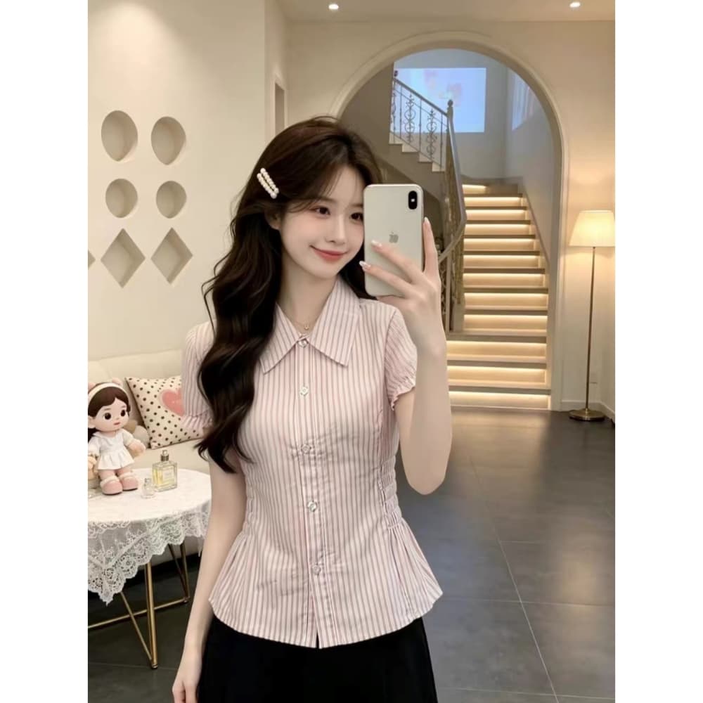 아메리칸 레트로 스트라이프 셔츠 반팔 여성 한 부서 학원 스타일 ins 트렌디 허리 수축 슬림해 보이는 짧은 맨위 여름 새로운 상세 이미지 2