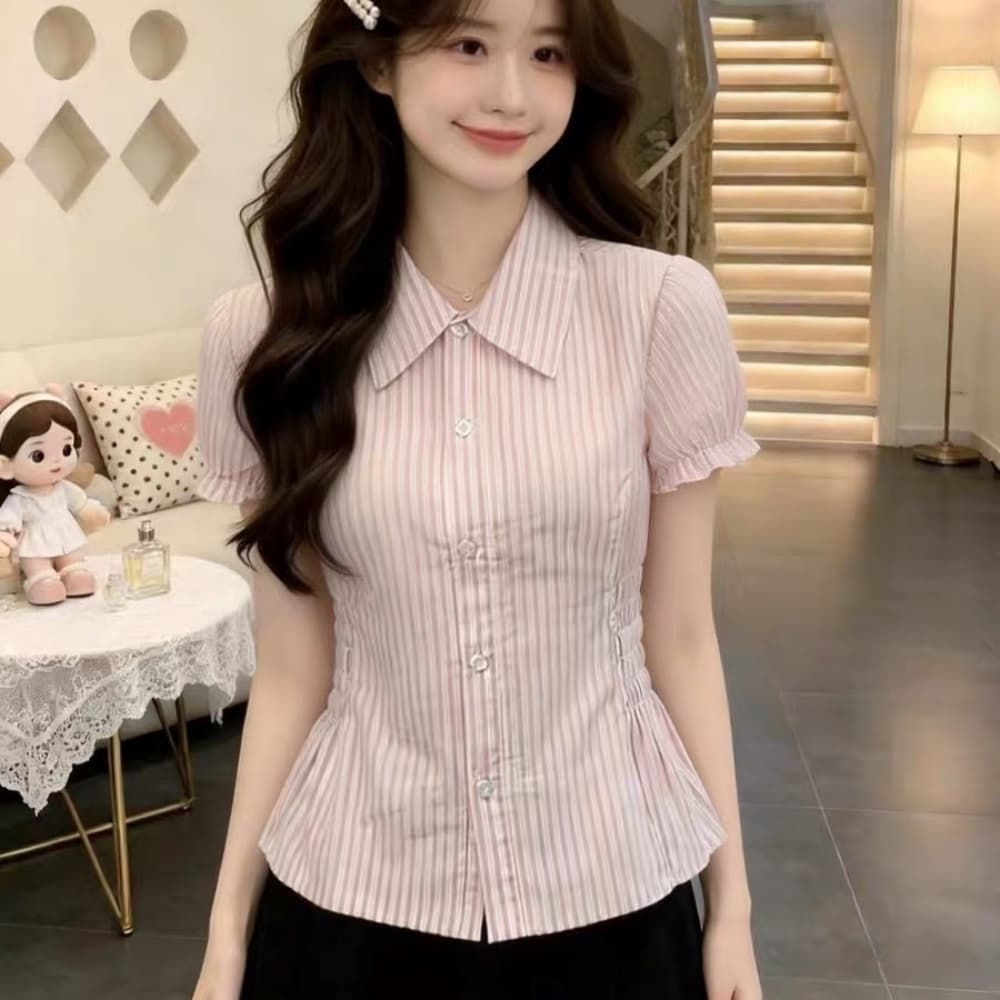 아메리칸 레트로 스트라이프 셔츠 반팔 여성 한 부서 학원 스타일 ins 트렌디 허리 수축 슬림해 보이는 짧은 맨위 여름 새로운 상세 이미지 6