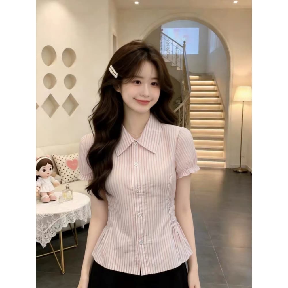 아메리칸 레트로 스트라이프 셔츠 반팔 여성 한 부서 학원 스타일 ins 트렌디 허리 수축 슬림해 보이는 짧은 맨위 여름 새로운 상세 이미지 7