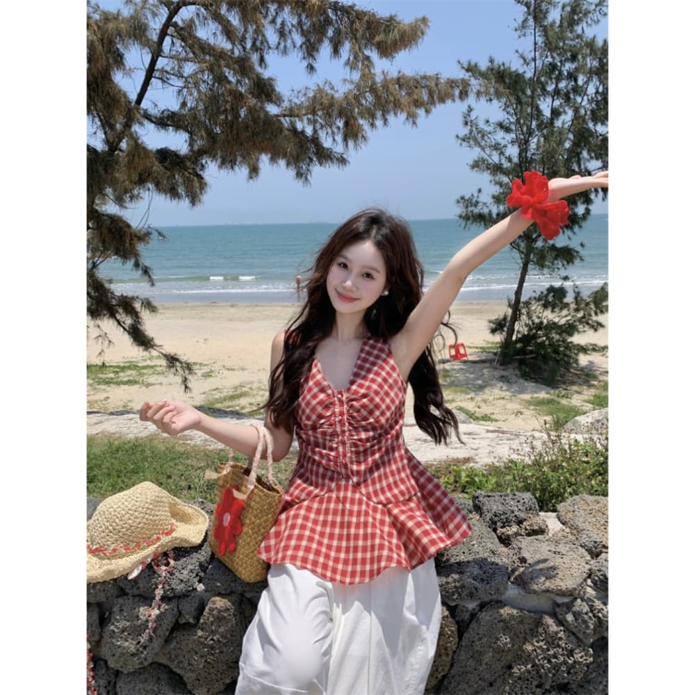 핫걸 바람 체크무늬 V넥 조끼 여성 의류 여름 한 부서 몸매 가꾸기 슬림해 보이는 주름 외출용 외국 가스 슬립 맨위 트렌디