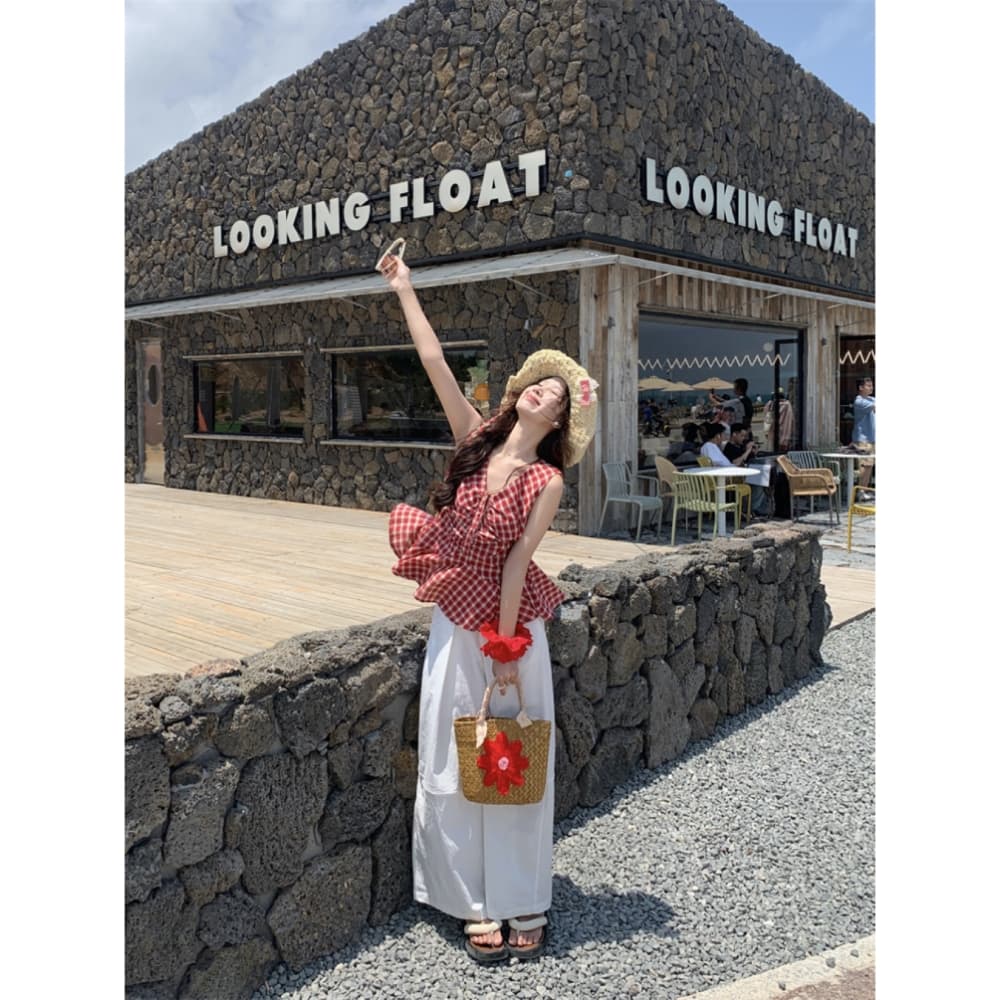 핫걸 바람 체크무늬 V넥 조끼 여성 의류 여름 한 부서 몸매 가꾸기 슬림해 보이는 주름 외출용 외국 가스 슬립 맨위 트렌디 상세 이미지 5