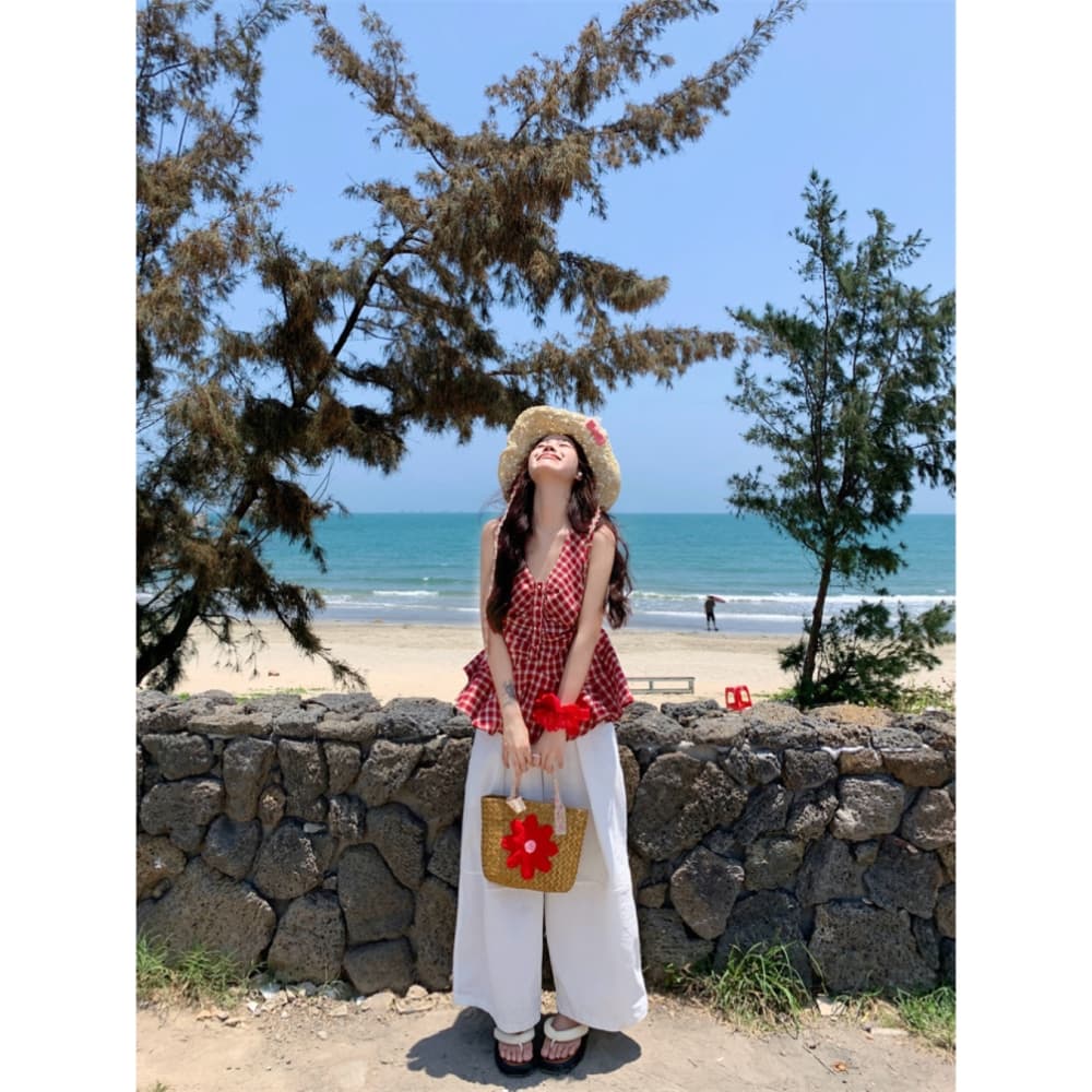 핫걸 바람 체크무늬 V넥 조끼 여성 의류 여름 한 부서 몸매 가꾸기 슬림해 보이는 주름 외출용 외국 가스 슬립 맨위 트렌디 상세 이미지 8