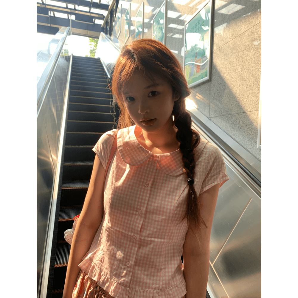 아메리칸 레트로 체크무늬 반팔 여성 셔츠 여름 착용 가져 가라. 베이비 칼라 셔츠 몸매 가꾸기 슬림해 보이는 학원 달콤함 맨위 상세 이미지 5