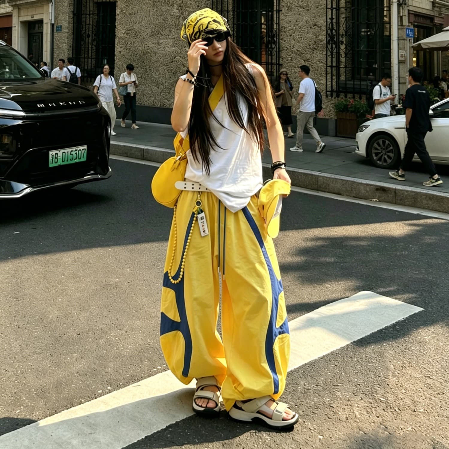 한국 chic 여름 아메리칸 배색 패치워크 넓은 다리 모통이 칼 워크웨어 팬츠 여성 루즈핏 조거 운동 바지 캐주얼 바지 상세 이미지 1