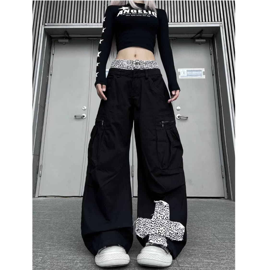 한국 chic 아메리칸 레트로 핫걸 바람 레오파드 무늬 패치 청바지 아이들 여름 새로운 더블 허리 머리 와이드 레그 팬츠 상세 이미지 27