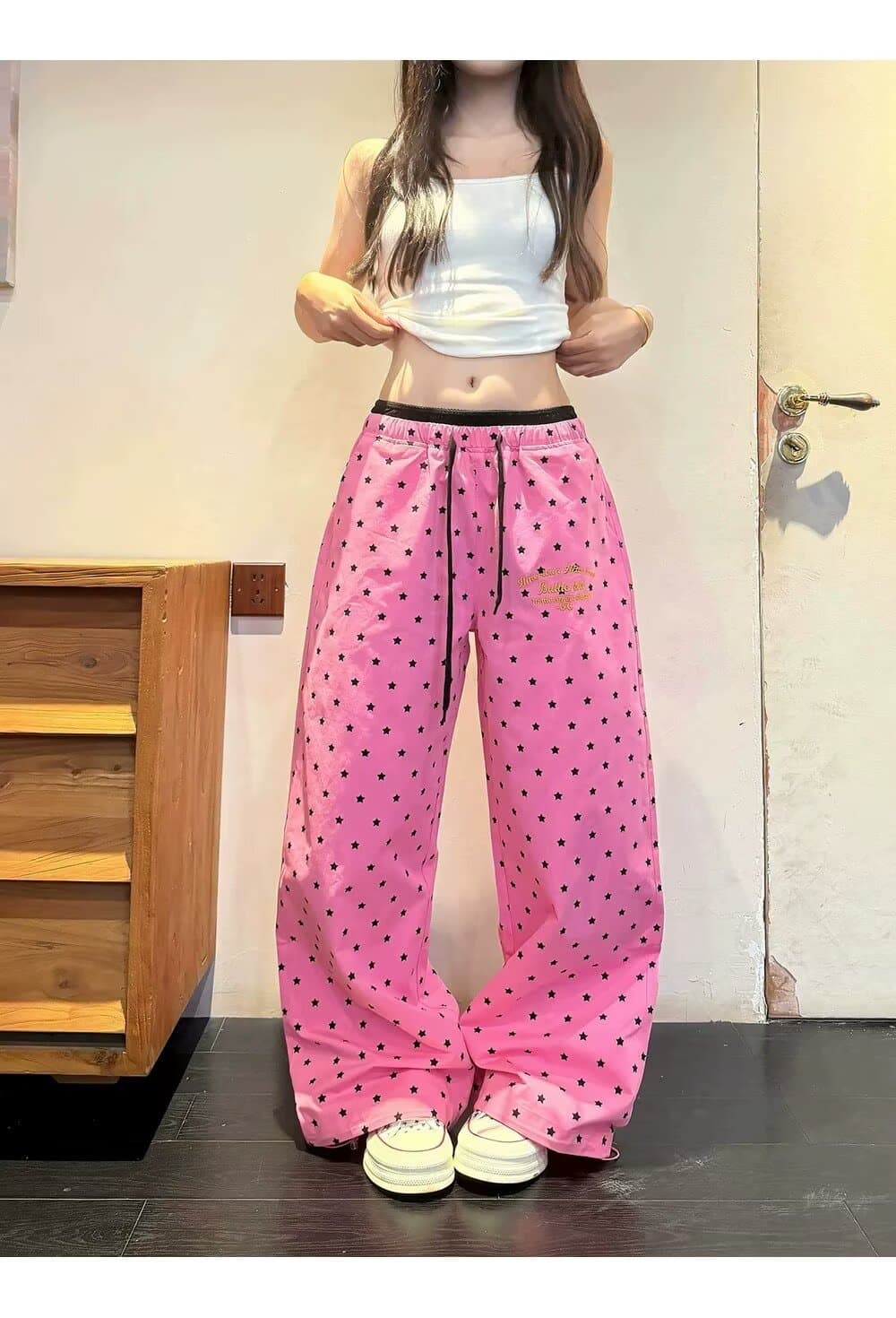 한국 chic 여름 아메리칸 도트 무늬 전체 인쇄 넓은 다리 웨이 바지 여성 루즈핏 캐주얼 느긋한 도루 센스 스트레이트 긴 바지 트렌디 상세 이미지 10