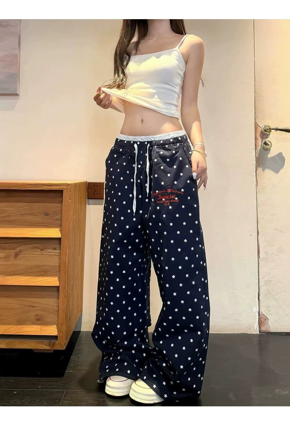 한국 chic 여름 아메리칸 도트 무늬 전체 인쇄 넓은 다리 웨이 바지 여성 루즈핏 캐주얼 느긋한 도루 센스 스트레이트 긴 바지 트렌디 상세 이미지 13