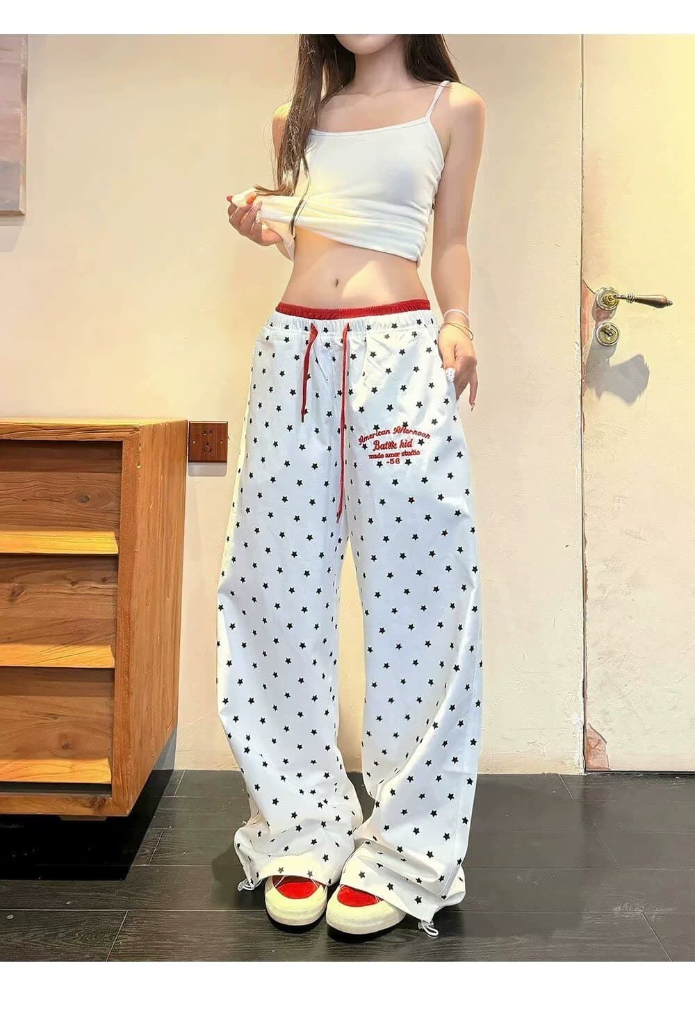 한국 chic 여름 아메리칸 도트 무늬 전체 인쇄 넓은 다리 웨이 바지 여성 루즈핏 캐주얼 느긋한 도루 센스 스트레이트 긴 바지 트렌디 상세 이미지 15