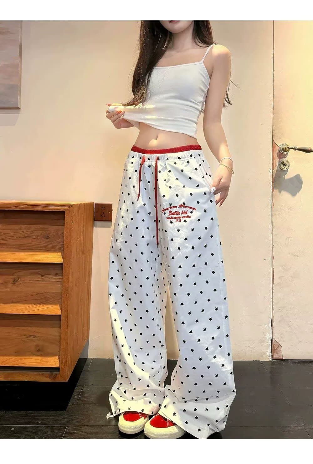 한국 chic 여름 아메리칸 도트 무늬 전체 인쇄 넓은 다리 웨이 바지 여성 루즈핏 캐주얼 느긋한 도루 센스 스트레이트 긴 바지 트렌디 상세 이미지 16