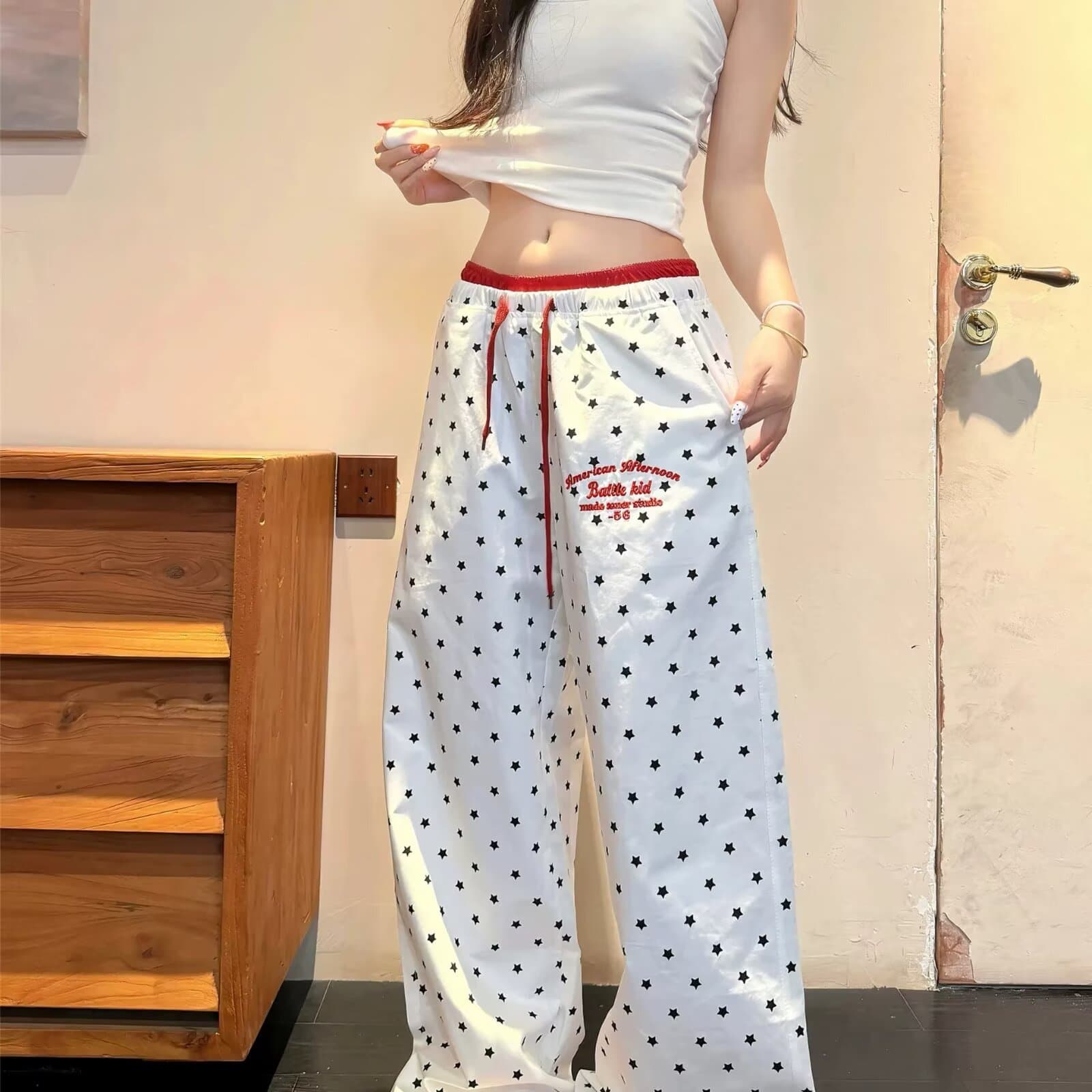 한국 chic 여름 아메리칸 도트 무늬 전체 인쇄 넓은 다리 웨이 바지 여성 루즈핏 캐주얼 느긋한 도루 센스 스트레이트 긴 바지 트렌디 상세 이미지 17