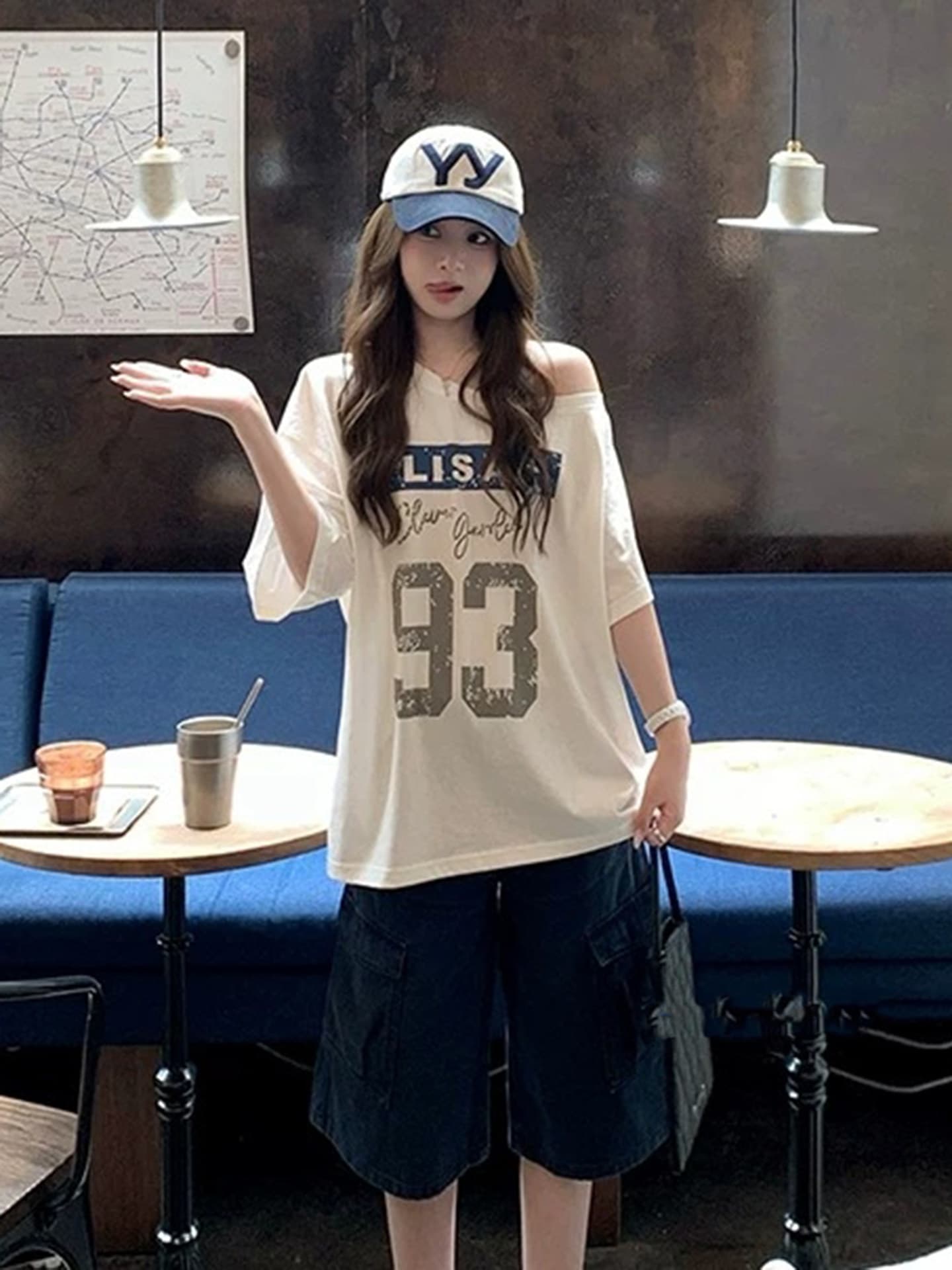 한국 chic 아메리칸 레트로 여름 새로운 비스듬한 오프숄더 반팔 티셔츠 여성 몸매 가꾸기 슬림해 보이는 핫걸 맨위 트렌디 상세 이미지 5