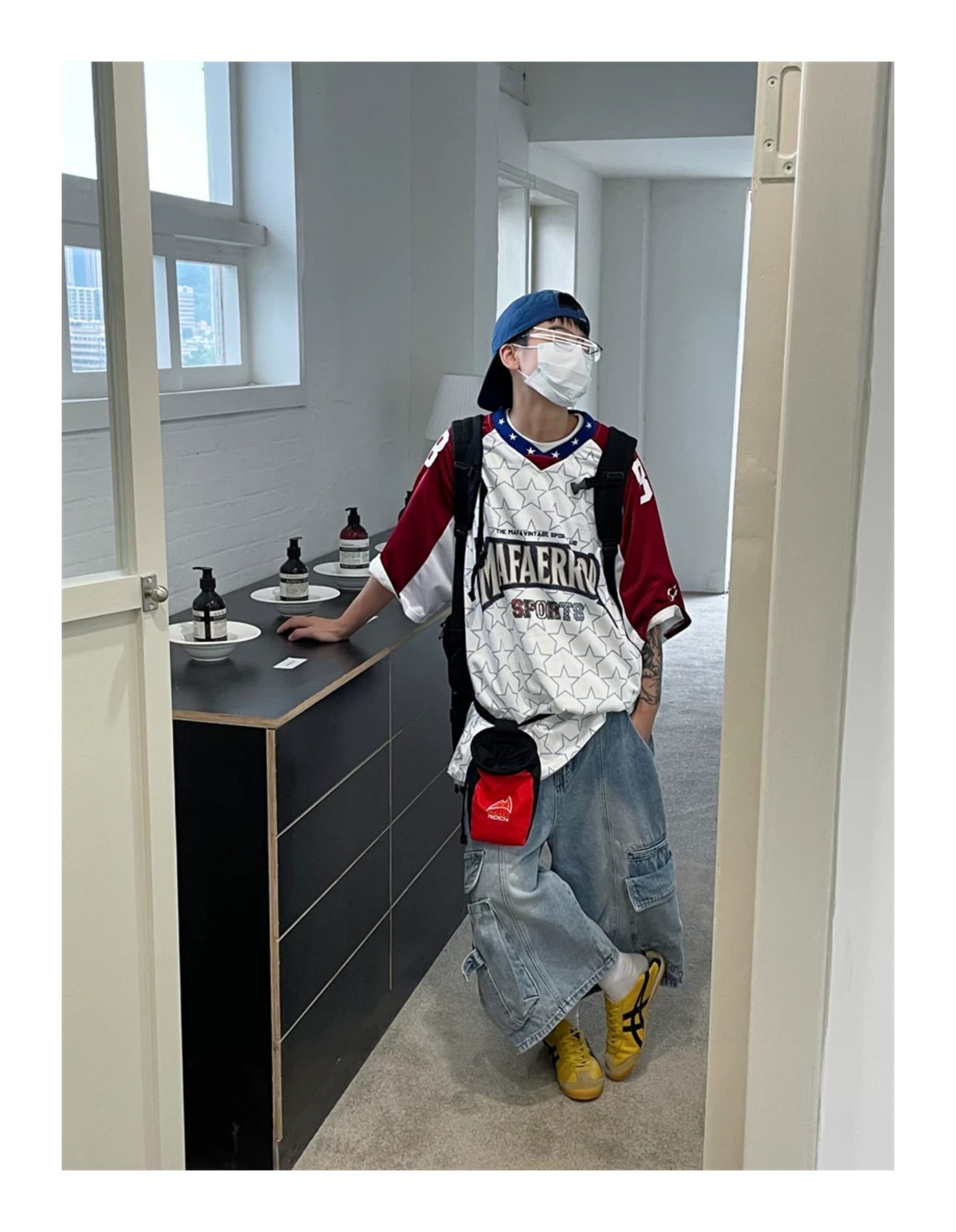 한국 chic 여름 새로운 아메리칸 별 전체 인쇄 삽입 어깨 소매 공 서비스 남녀 메쉬 반팔 티셔츠 저지 트렌디 상세 이미지 12