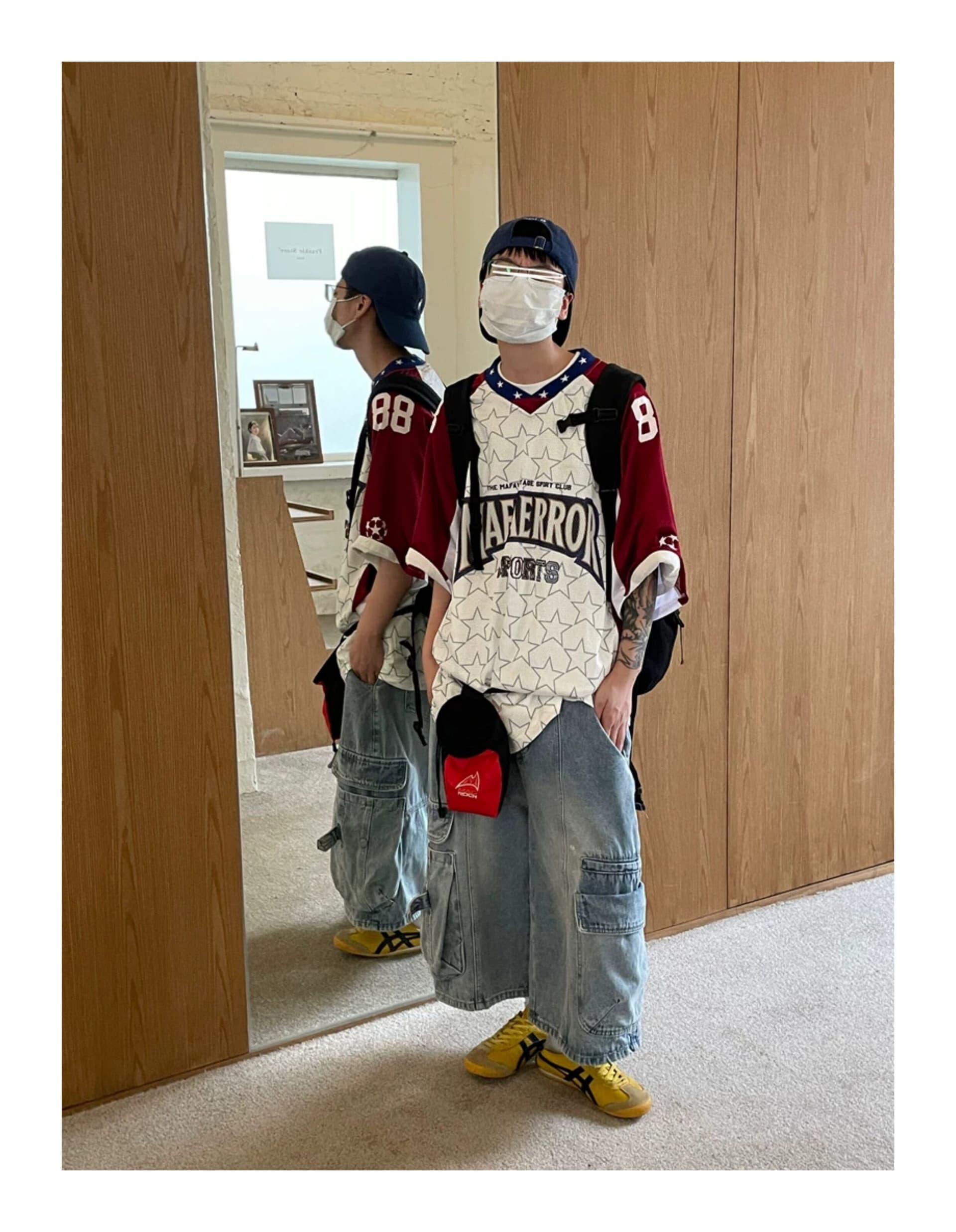 한국 chic 여름 새로운 아메리칸 별 전체 인쇄 삽입 어깨 소매 공 서비스 남녀 메쉬 반팔 티셔츠 저지 트렌디 상세 이미지 14