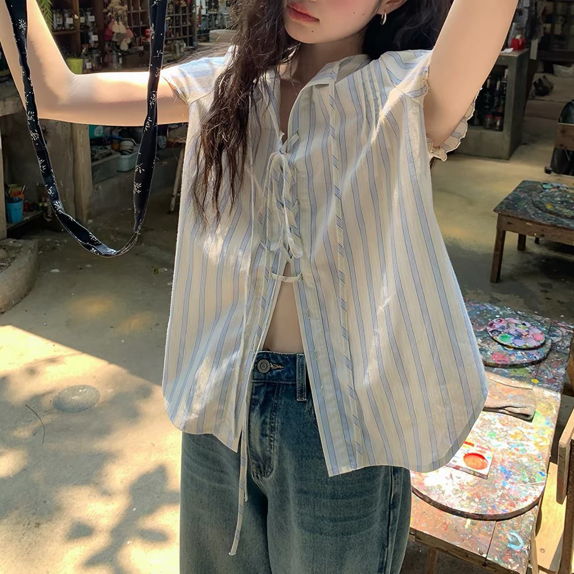 한국 스타일 아메리칸 레트로 스트라이프 셔츠 반팔 여성 한 부서 학원 스타일 ins 트렌디 슬림해 보이는 짧은 맨위 여름 새로운 상세 이미지 1