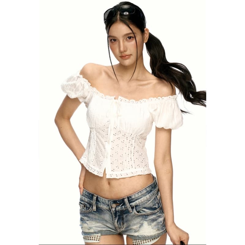 달콤한 스타일 광장 칼라 반팔 여성 셔츠 여름 새로운 홀로우 아웃 레이스 작은 키 슬림해 보이는 쇼트 스타일 거품 소매 맨위 상세 이미지 2