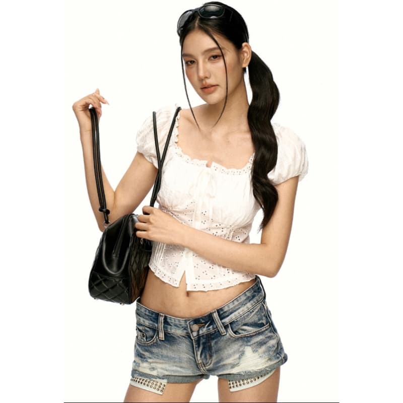 달콤한 스타일 광장 칼라 반팔 여성 셔츠 여름 새로운 홀로우 아웃 레이스 작은 키 슬림해 보이는 쇼트 스타일 거품 소매 맨위 상세 이미지 6