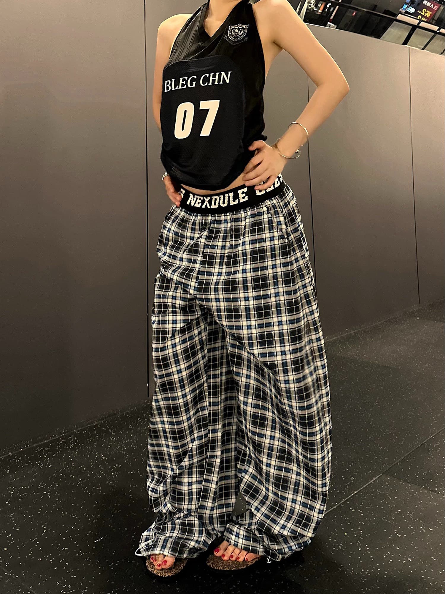 한국 chic 아메리칸 레트로 알파벳 허리 패치워크 체크무늬 와이드 레그 팬츠 남녀 루즈핏 도루 센스 모통이 칼 체크무늬 긴 바지 상세 이미지 14