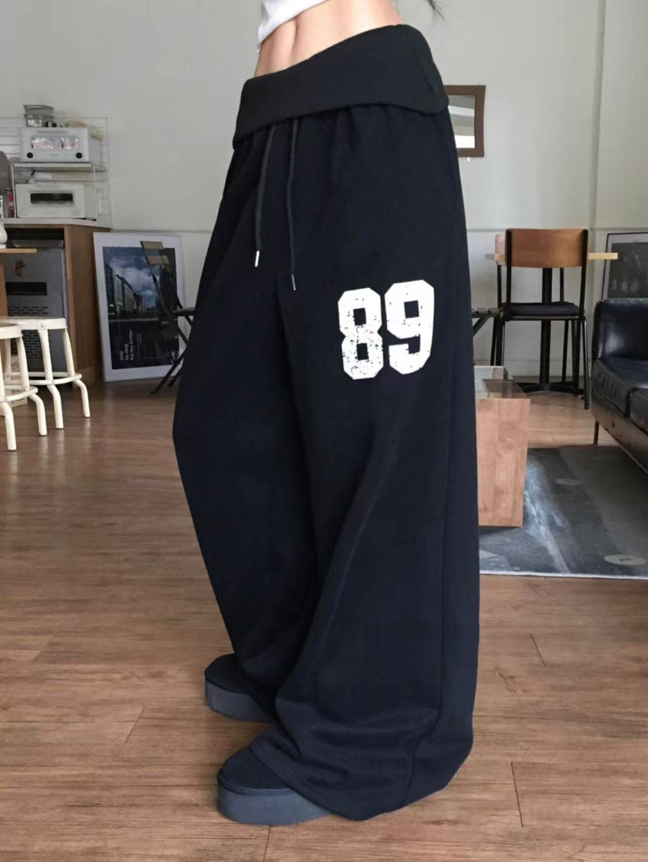 한국 chic 새로운 아메리칸 레트로 빛 아시아 인 캐주얼 뒤집다 측면 루즈핏 캐주얼 다용도 허리밴드 넓은 다리 웨이 바지 여성 상세 이미지 9