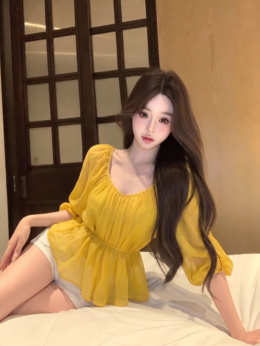 한국 chicv 칼라 펌프 로프 허리 수축 거품 소매 쉬폰 여성 셔츠 여름 얇고 가벼운 자외선 차단 셔츠 슬림해 보이는 맨위 상세 이미지 4