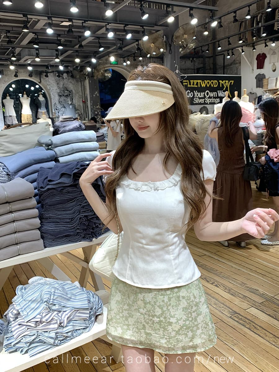한국 chic 반팔 여성 셔츠 여름 분기 별 칼라 레이스 패치워크 허리 수축 작은 대중 달콤함 소녀 센스 몸매 가꾸기 맨위 상세 이미지 16