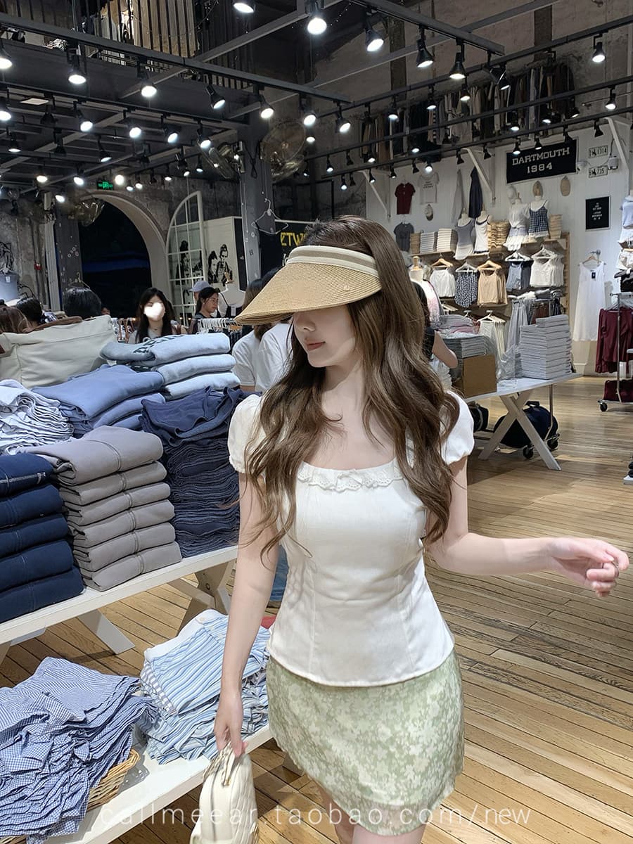 한국 chic 반팔 여성 셔츠 여름 분기 별 칼라 레이스 패치워크 허리 수축 작은 대중 달콤함 소녀 센스 몸매 가꾸기 맨위 상세 이미지 17