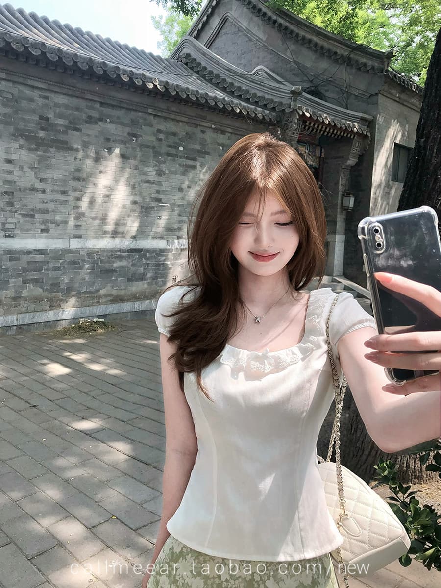 한국 chic 반팔 여성 셔츠 여름 분기 별 칼라 레이스 패치워크 허리 수축 작은 대중 달콤함 소녀 센스 몸매 가꾸기 맨위 상세 이미지 19