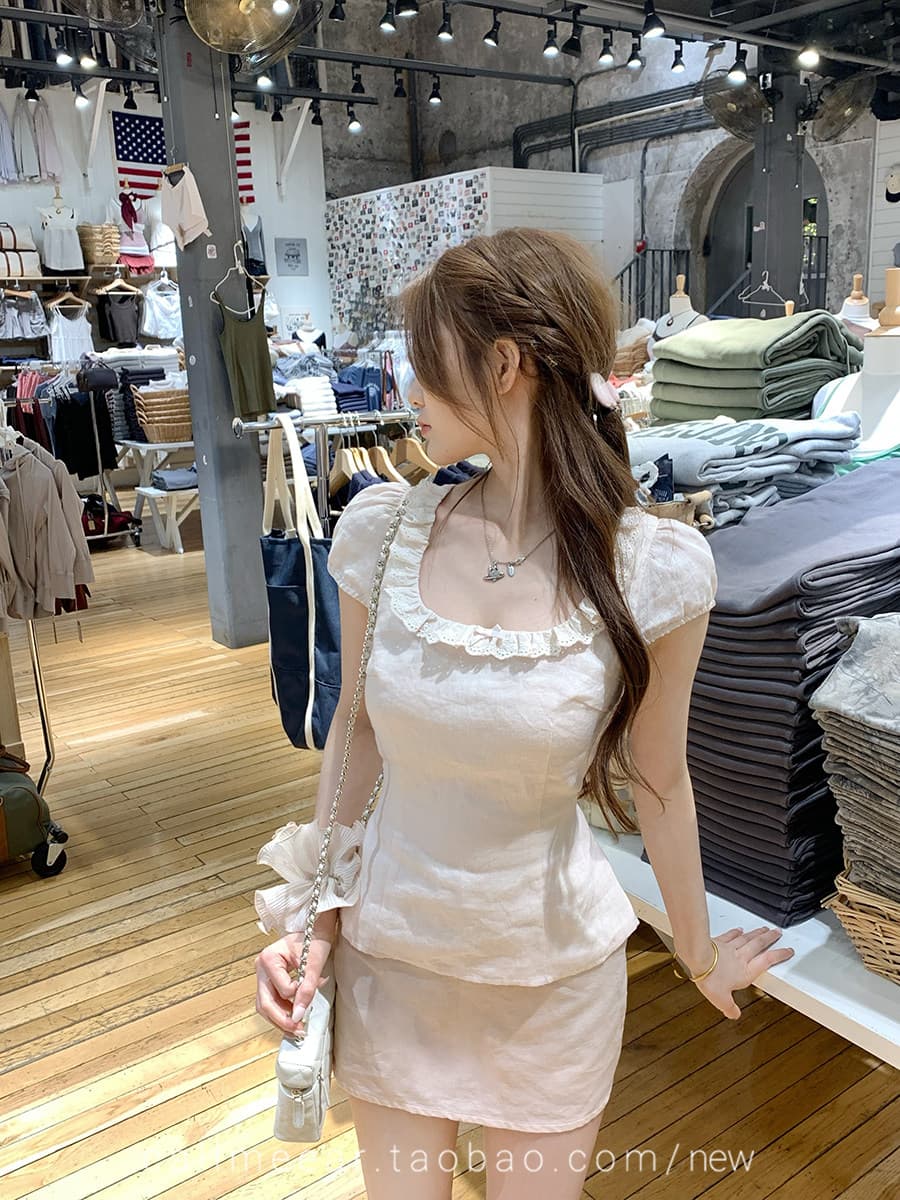 한국 chic 반팔 여성 셔츠 여름 분기 별 칼라 레이스 패치워크 허리 수축 작은 대중 달콤함 소녀 센스 몸매 가꾸기 맨위 상세 이미지 22