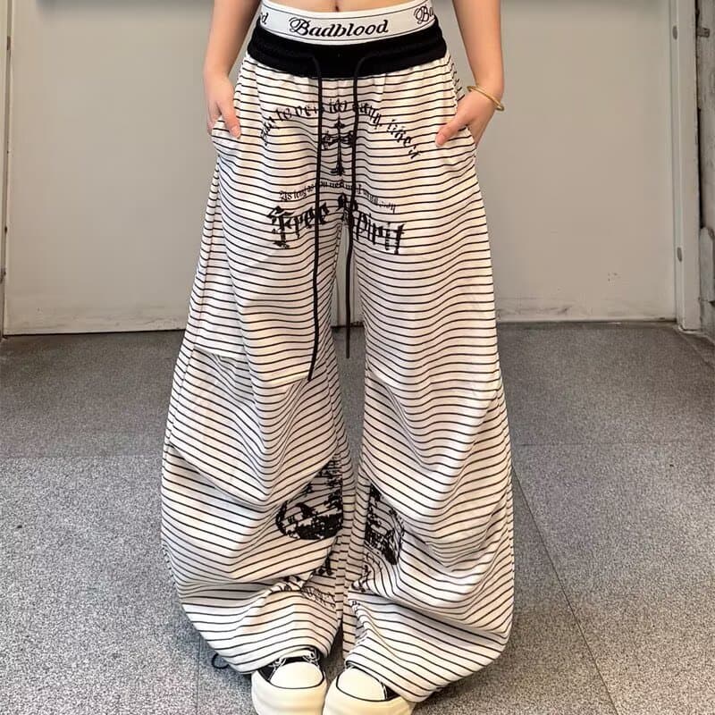 한국 chic 새로운 아메리칸 봄 여름 핫걸 흑백 줄무늬 와이드 레그 팬츠 슬림해 보이는 루즈핏 캐주얼 모통이 칼 긴 바지 트렌디 이미지 4