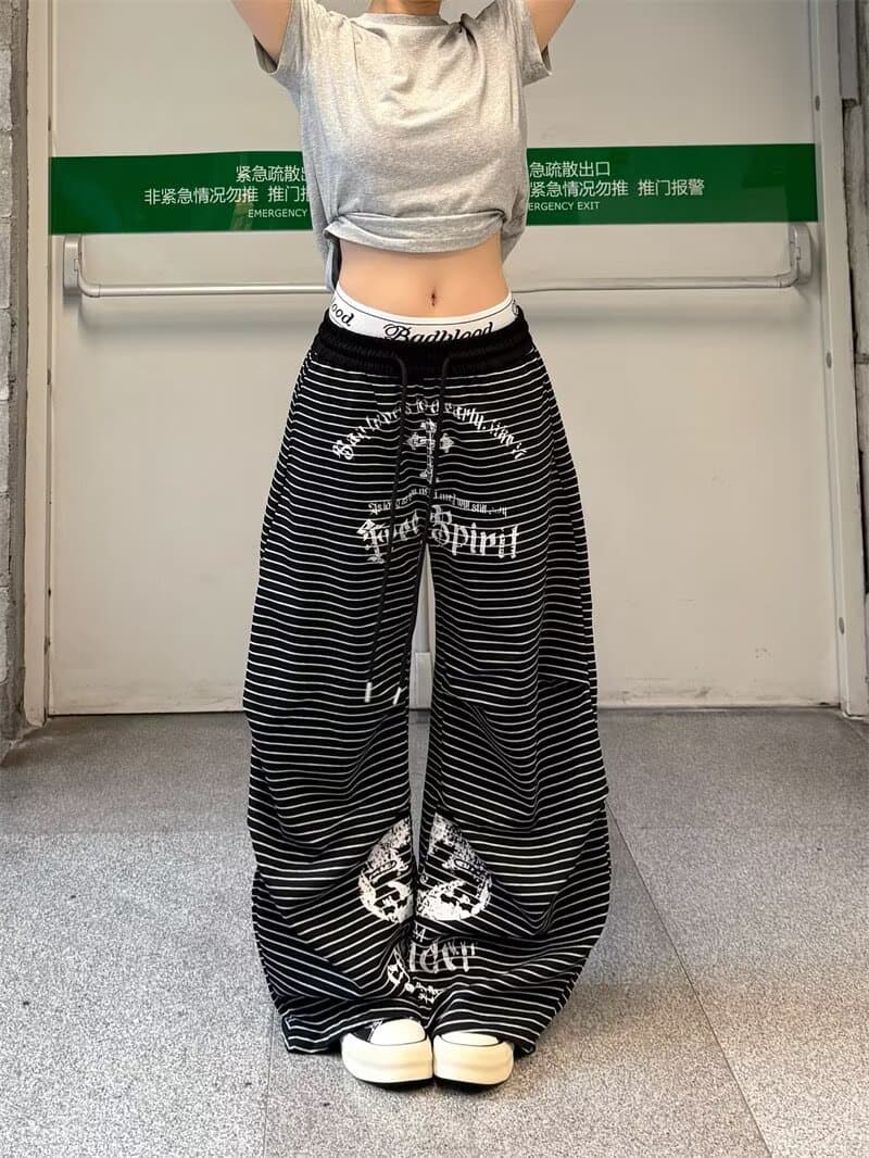 한국 chic 새로운 아메리칸 봄 여름 핫걸 흑백 줄무늬 와이드 레그 팬츠 슬림해 보이는 루즈핏 캐주얼 모통이 칼 긴 바지 트렌디 상세 이미지 8