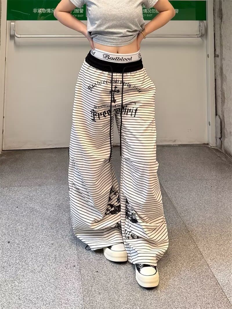 한국 chic 새로운 아메리칸 봄 여름 핫걸 흑백 줄무늬 와이드 레그 팬츠 슬림해 보이는 루즈핏 캐주얼 모통이 칼 긴 바지 트렌디 상세 이미지 16