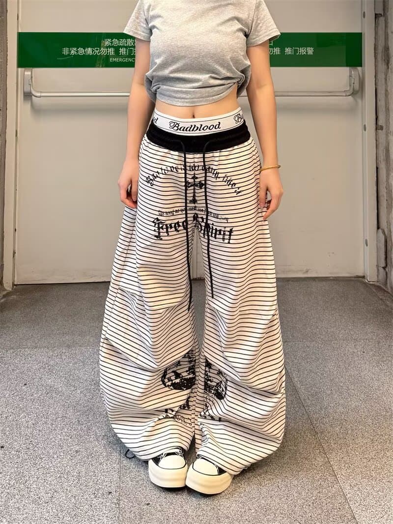 한국 chic 새로운 아메리칸 봄 여름 핫걸 흑백 줄무늬 와이드 레그 팬츠 슬림해 보이는 루즈핏 캐주얼 모통이 칼 긴 바지 트렌디 상세 이미지 17