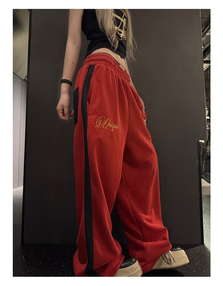 한국 chic 새로운 아메리칸 레트로 조수 브랜드 패치워크 색상 알파벳 휘장 자수 캐주얼 바지 핫걸 운동 와이드 레그 팬츠 상세 이미지 11