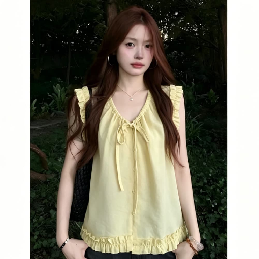 한국 스타일 레트로 펌프 로프 조정 레이스업 프릴 주름 민소매 여성 셔츠 여름 루즈핏 슬림해 보이는 인형 셔츠 맨위 상세 이미지 4