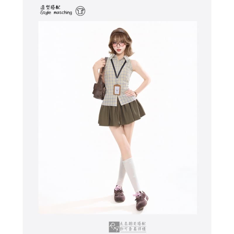 아메리칸 핫걸 레트로 체크무늬 폴로 칼라 민소매 여성 셔츠 여름 조끼 몸매 가꾸기 허리 수축 디자인 센스 셔츠 맨위 상세 이미지 3