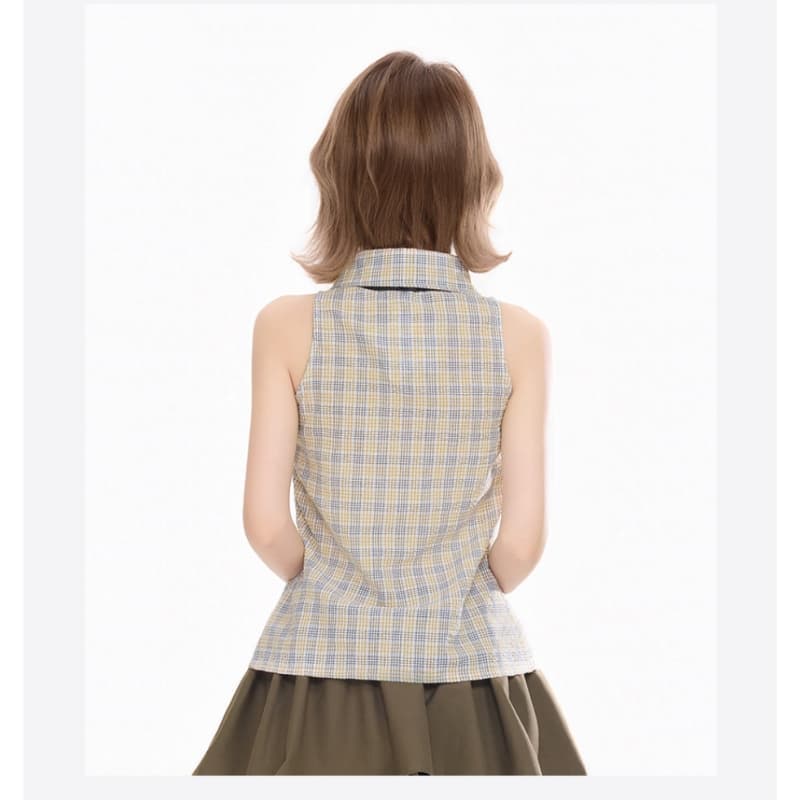 아메리칸 핫걸 레트로 체크무늬 폴로 칼라 민소매 여성 셔츠 여름 조끼 몸매 가꾸기 허리 수축 디자인 센스 셔츠 맨위 상세 이미지 8