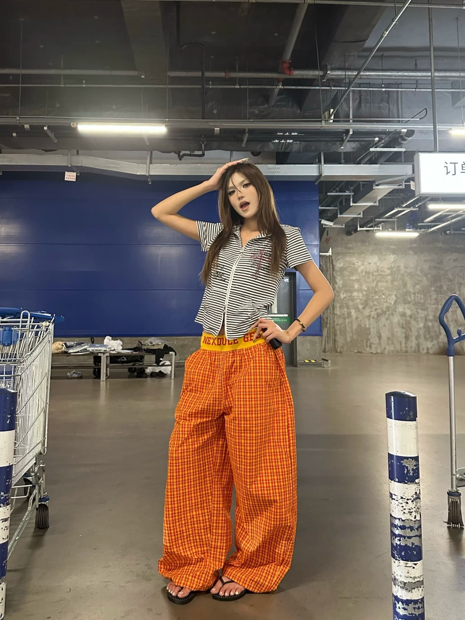 한국 chic 아메리칸 레트로 체크무늬 체크무늬 바지 여성 루즈핏 넓은 다리 모통이 칼 바닥 청소 운동 느긋한 캐주얼 바지 트렌디 상세 이미지 13