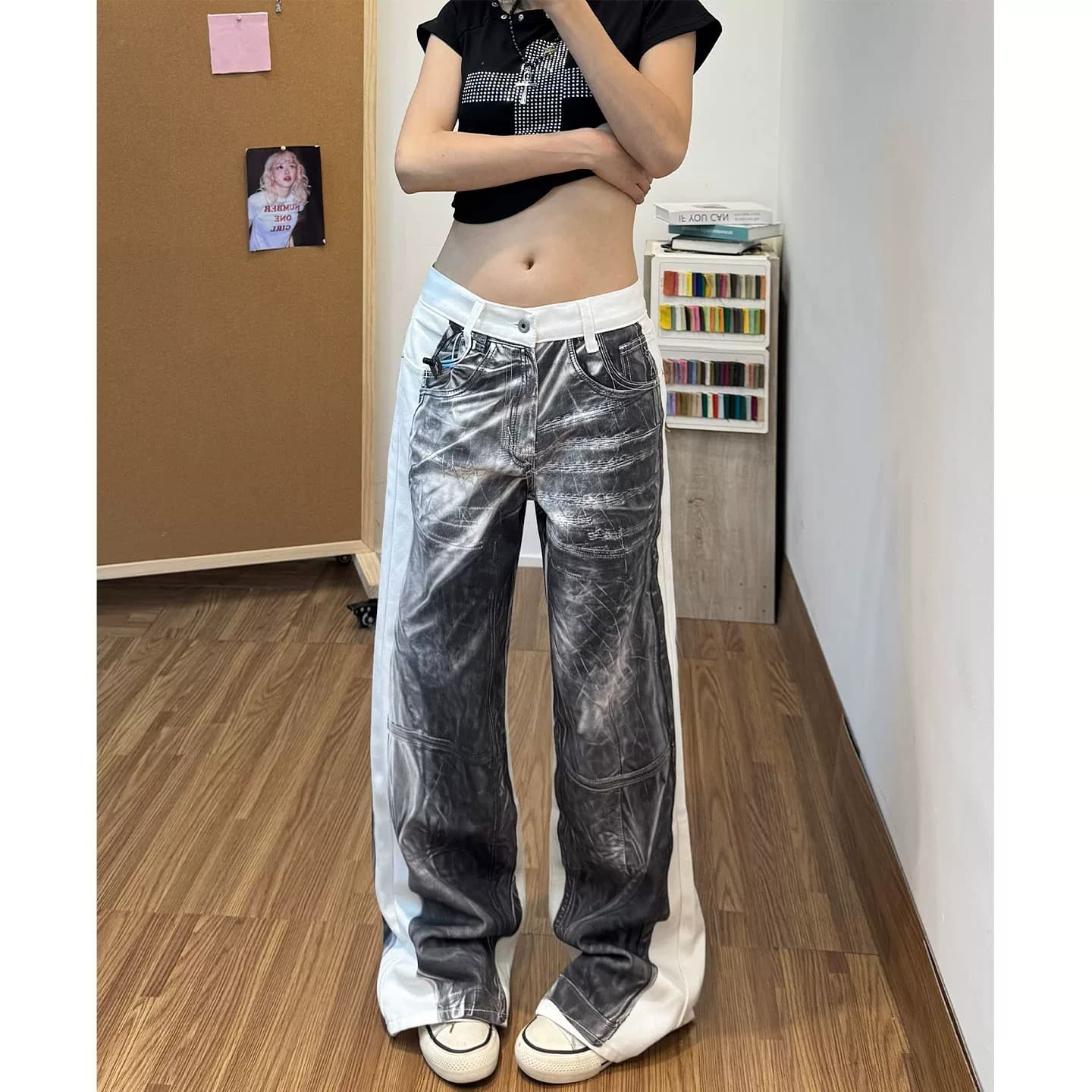 한국 chic 아메리칸 거리 바람 3 차원 프린트 넓은 다리 청바지 여성 여름 새로운 핫걸 루즈핏 바닥 청소 바지 상세 이미지 5