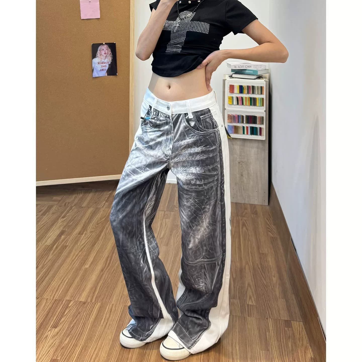 한국 chic 아메리칸 거리 바람 3 차원 프린트 넓은 다리 청바지 여성 여름 새로운 핫걸 루즈핏 바닥 청소 바지 상세 이미지 6