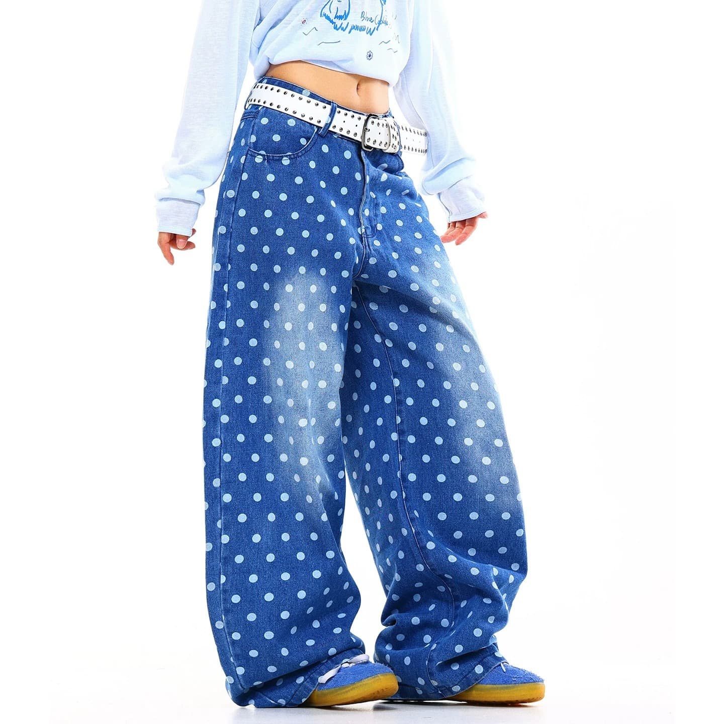 한국 chic 아메리칸 레트로 도트 무늬 프린트 데님 와이드 바지 여성 연령 감소 하이웨이스트 루즈핏 작은 모통이 칼 바닥 청소 바지 트렌디 이미지 3