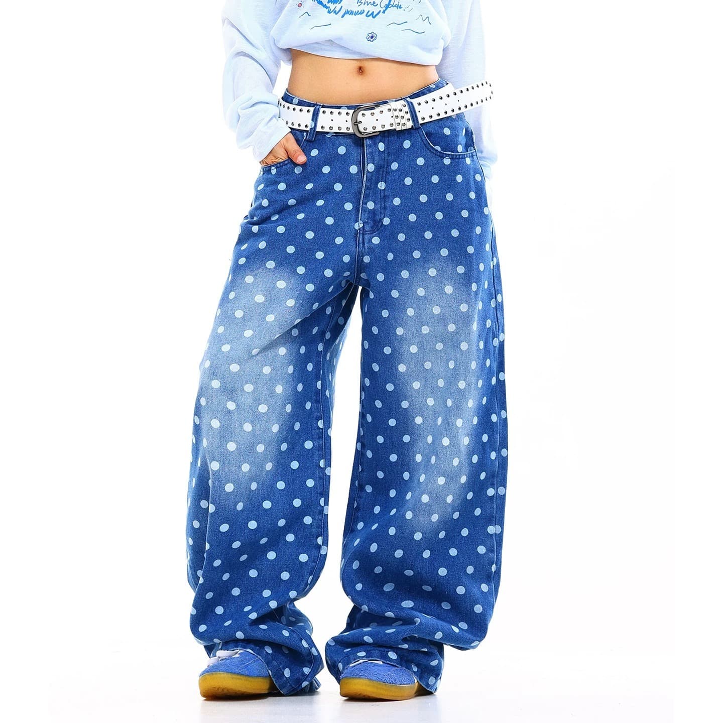 한국 chic 아메리칸 레트로 도트 무늬 프린트 데님 와이드 바지 여성 연령 감소 하이웨이스트 루즈핏 작은 모통이 칼 바닥 청소 바지 트렌디 상세 이미지 2