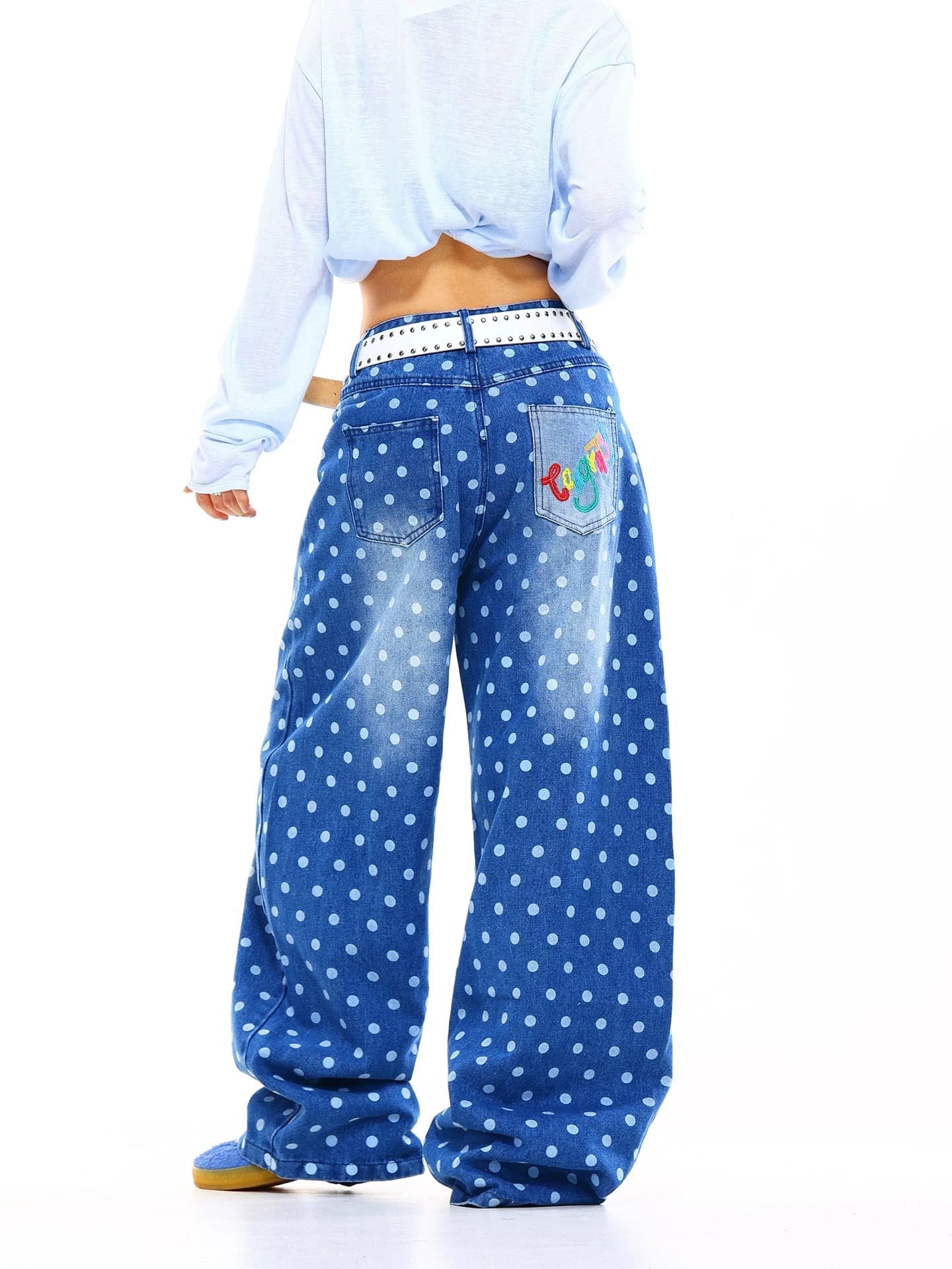 한국 chic 아메리칸 레트로 도트 무늬 프린트 데님 와이드 바지 여성 연령 감소 하이웨이스트 루즈핏 작은 모통이 칼 바닥 청소 바지 트렌디 상세 이미지 14