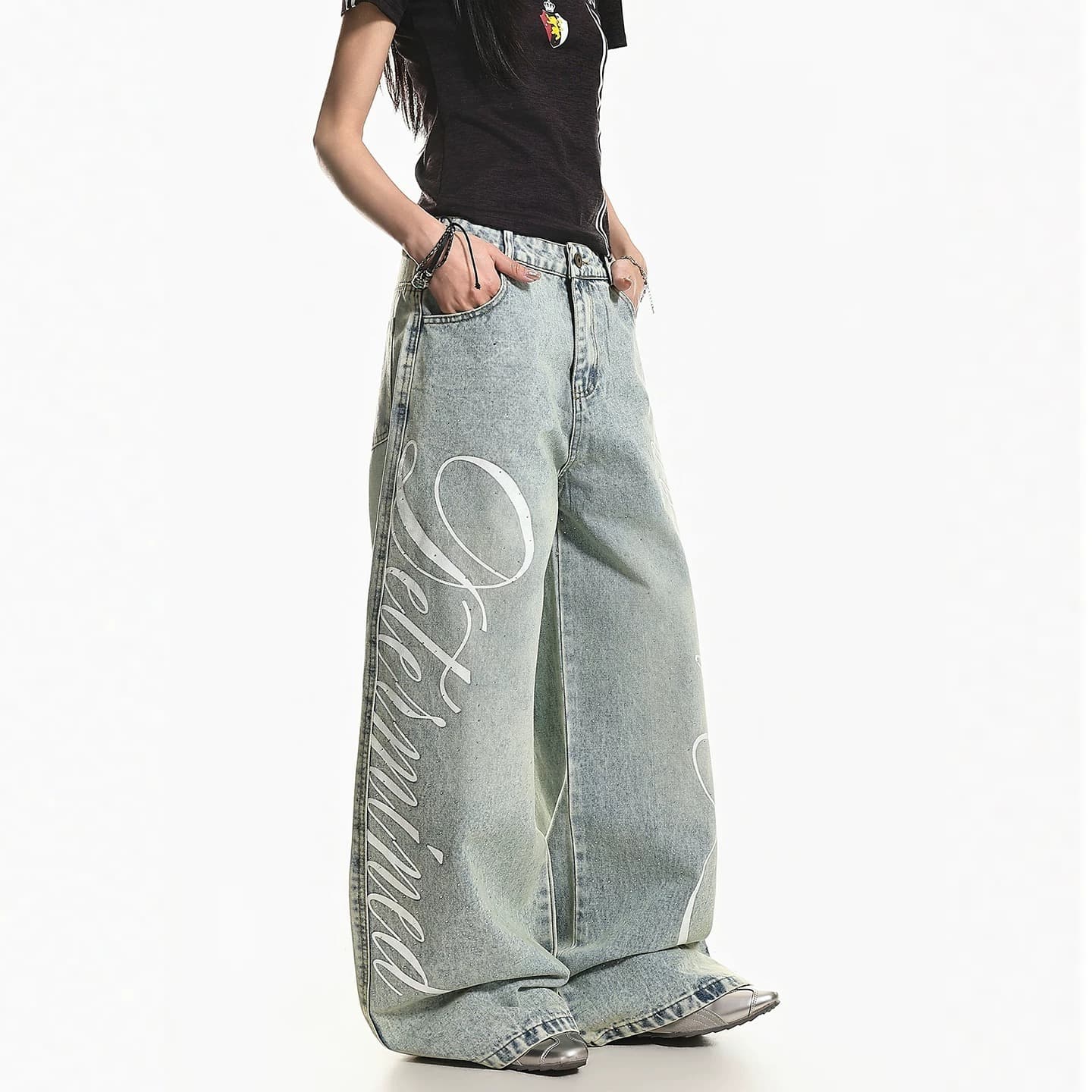 한국 chic 아메리칸 높음 거리 레트로 워싱 디자인 센스 프린트 핫픽스 루즈핏 넓은 다리 바닥 청소 청바지 여성 여름 상세 이미지 12